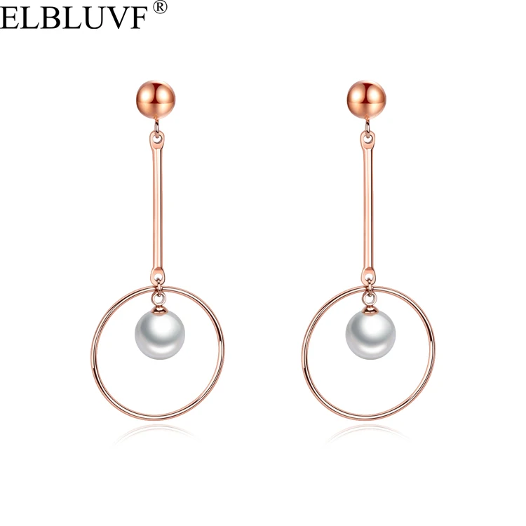 

ELBLUVF Stainless Steel Circle Shape Earrings Artificial pearls Jewelry For Girls Women Ladies, Rose gold