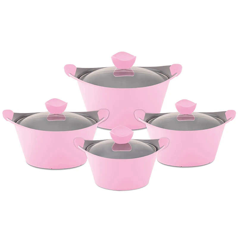 

Cooklover wholesale 8 piece cast aluminum ceramic non-stick soup pot induction cookware set, Pink and blue