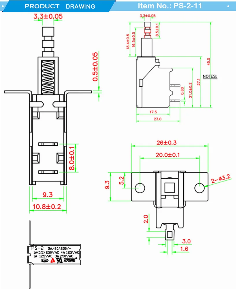 1(0.5)A ~250VAC Towei Item No.:PS-2-11 humidifier Single push button switch