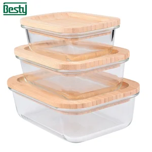 Image of Reusable glass container wooden glass food storage BPA free meal prep containers with bamboo lid