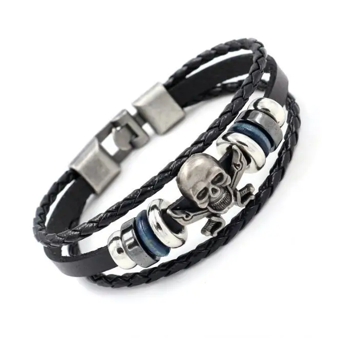 

FD Punk men's bracelet retro alloy skull head leather bracelet, Black/brown