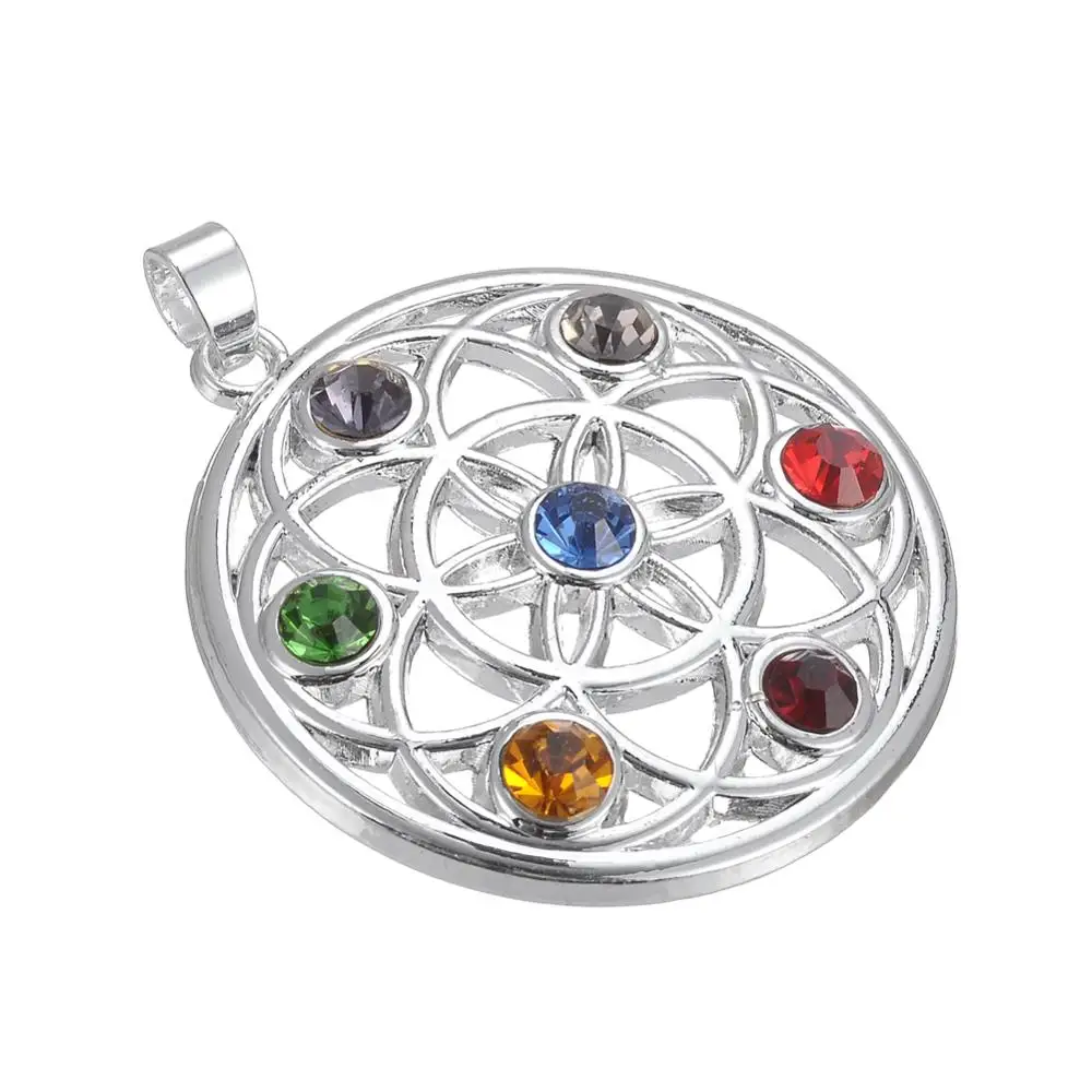 

Wholesale Silver Plated Hollow Round Stars Pentagram Religious 7 Crystal Stones Chakras Reiki Pendants charms