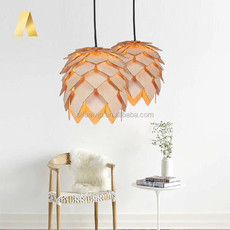 Home decorative pine cone shape nature timber pendant light for living room or dining room