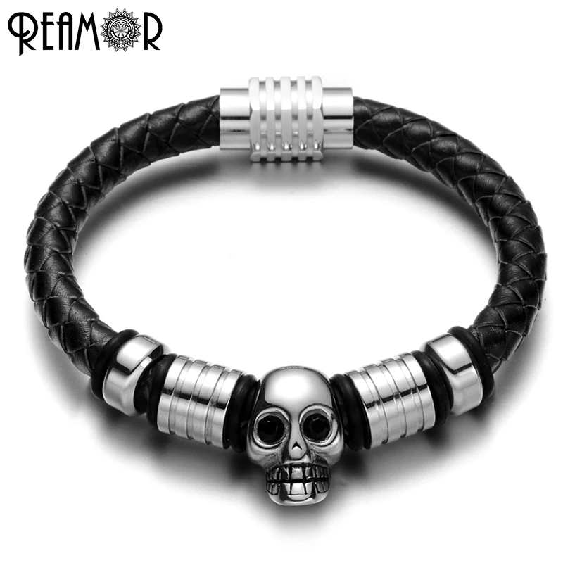 

REAMOR Skull Head Charms Male Bracelet Leather Rope with 316L Stainless Steel Magnet Buckle Bracelets & Bangles Men Jewelry