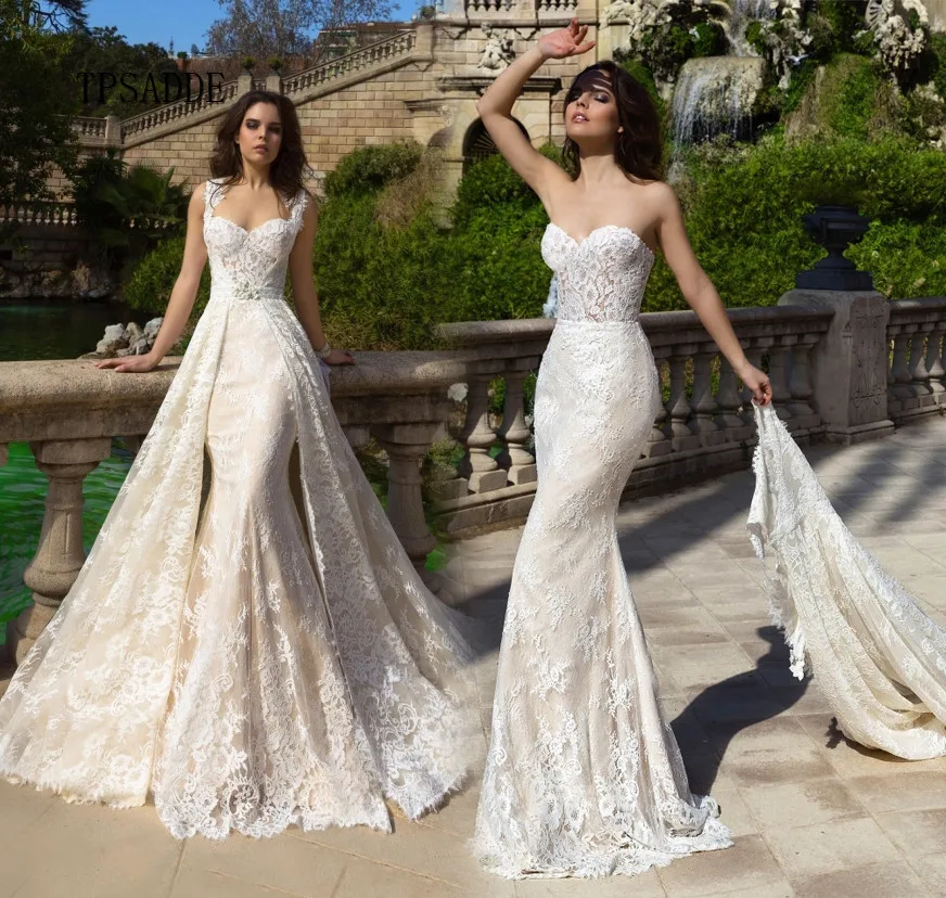 

Elegant Lace Appliques Sweetheart Detachable Skirt Bridal Gown Lace Appliques Mermaid Wedding Dress 2020 WF055, Ivory