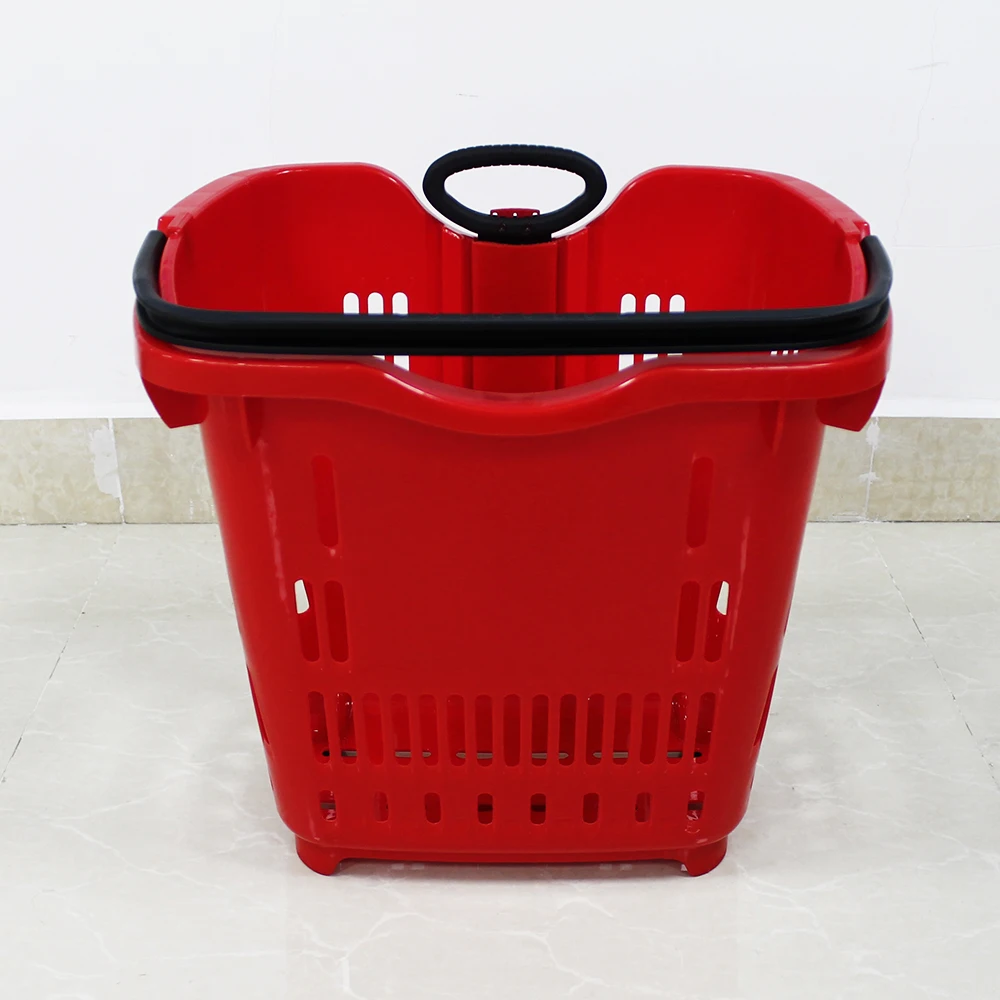 超市塑料滚动购物手推车篮子与手柄与 2 轮批发