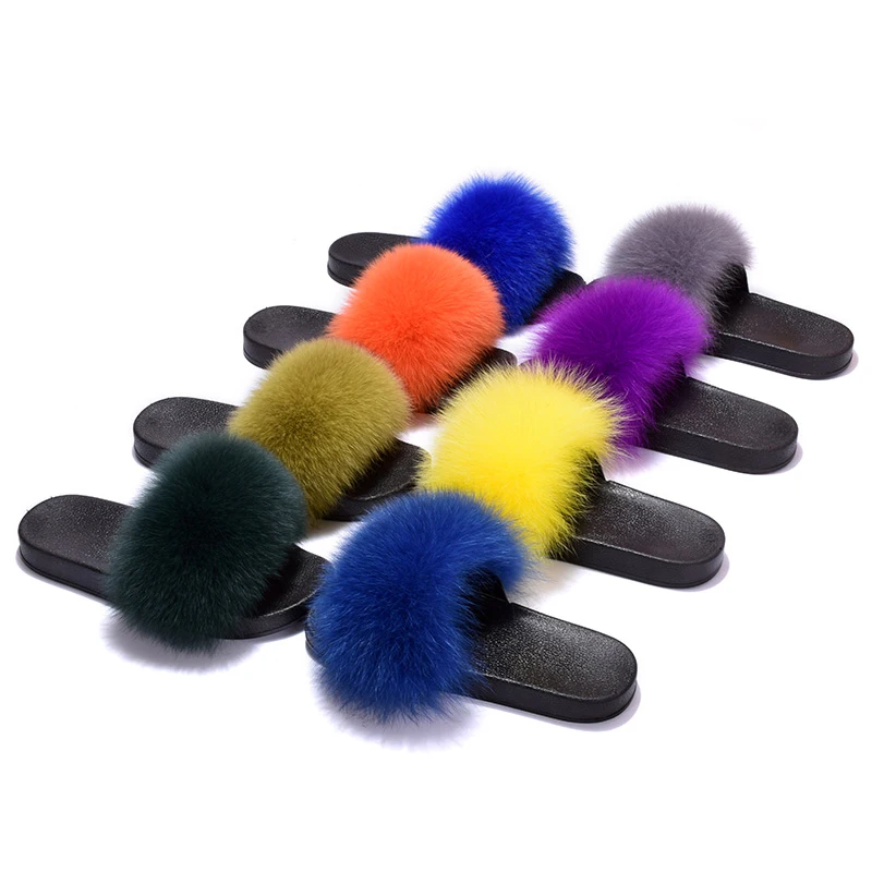 

FREE shipping fashion women soft real fox fur slides, Multi color