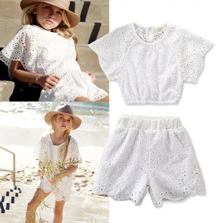 

2019 european children summer clothes sets baby girl white fly sleeve lace hollow out top with matching shorts two piece su, As picture