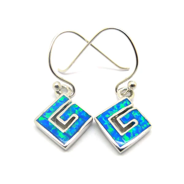 

Sterling Silver jewelry Blue Simulated Opal Greek Key Drop Dangle Earrings