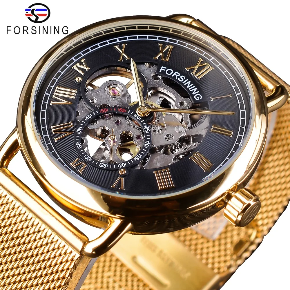 Top Brand Luxury Forsining Watch Classic Black Golden Skeleton Clock Men's Mechanical Watches Mesh Band Clock Montre Homme