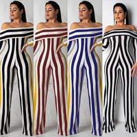 

CY1104 2019 New Listing 4 Color Off Shoulder Long Sleeve Striped Print Wide Leg Pants One Piece Sexy Women Jumpsuit