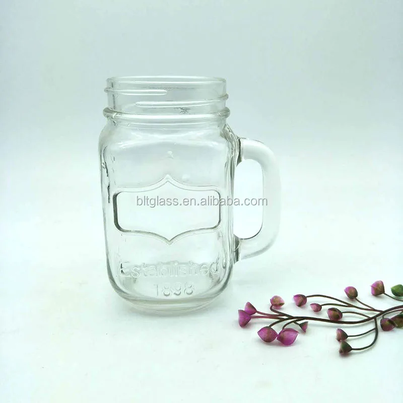 Embossed Established 1898 Unique Mason Jars Glass With Handle 400ml