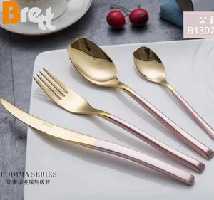 Image of Wedding Flatware Rose Gold Cutlery Set With Pink Handle For Events