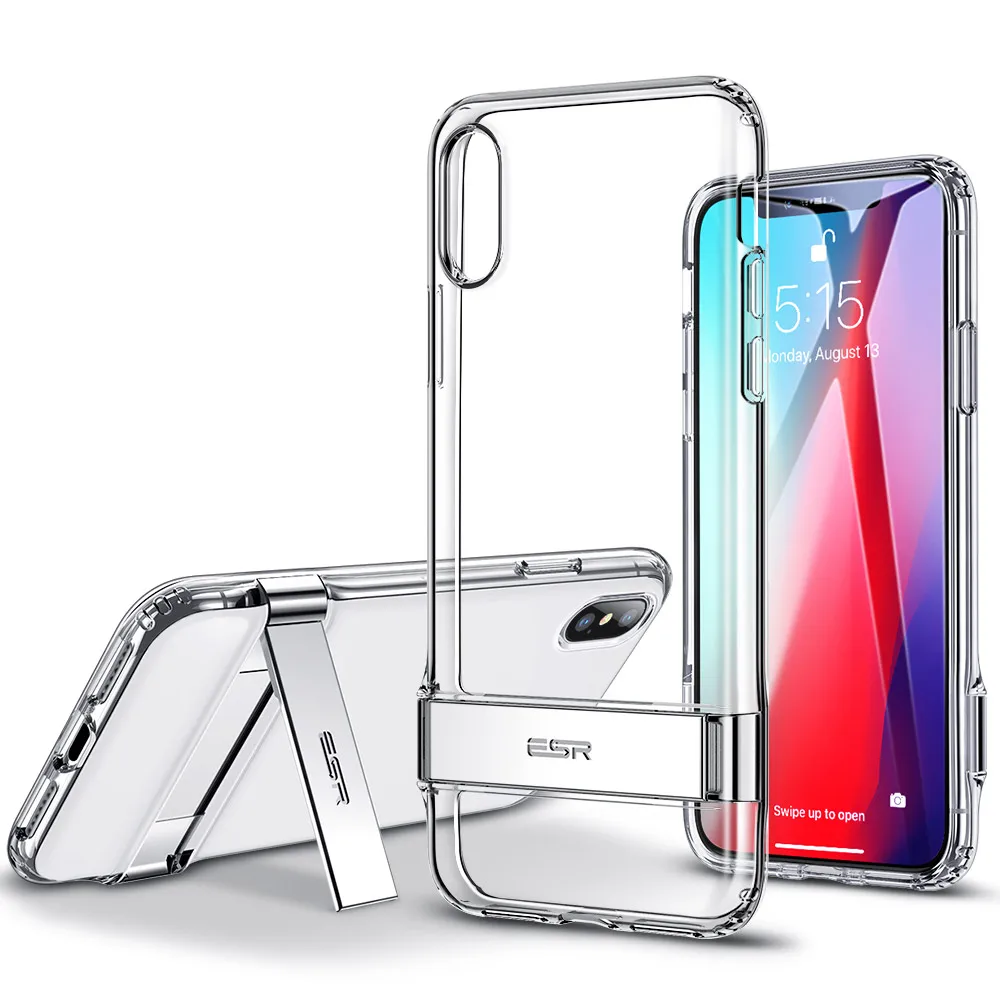 2018 ESR Clear Metal Kickstand phone Case Vertical Horizontal Stand with Hard PC Bumper Cover case for iPhone Xs Max 6.5 inch
