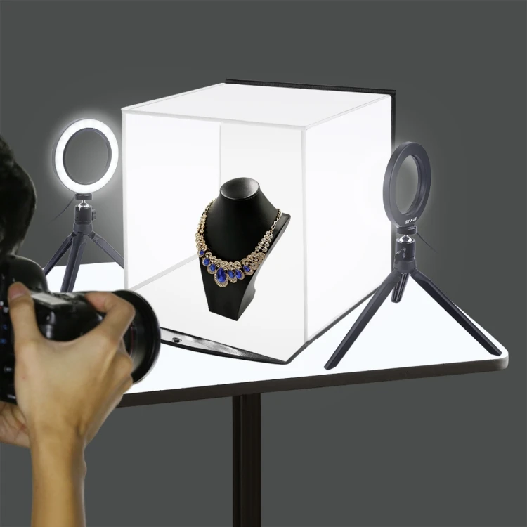 

Dropshipping PULUZ Size 30cm Photo Softbox Portable Studio Shooting Box + 4.6 inch Ring LED Light Kits with 6 Colors Background
