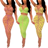 

Stylish V Neck Printed Zipper Bodycon Midi Summer Dress Two Piece Set Women Clothing