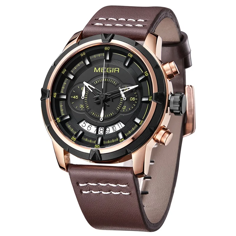 

MEGIR 2047 Hot Sell New Men's Fashion&Casual Rose Gold Watch Date Leather Band Business WristWatch For Men, 3-color