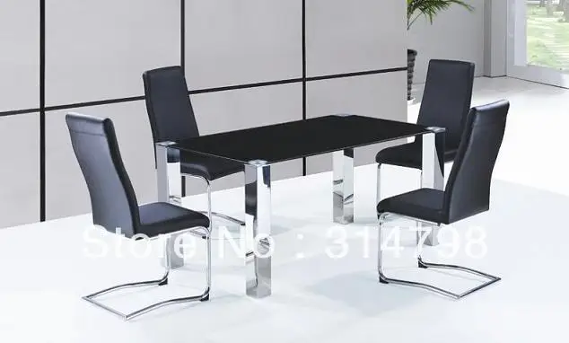 Glass dining table with stainless steel legs, leather