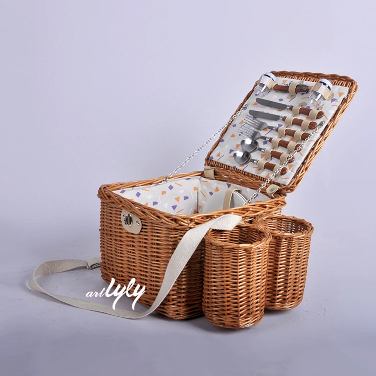 

Wholesale raw rattan willow food fruit storage 2 bottle wicker wine bottles holder picnic baskets with liner shoulder strap, Natural, grey, white, coffee, or as your requirement