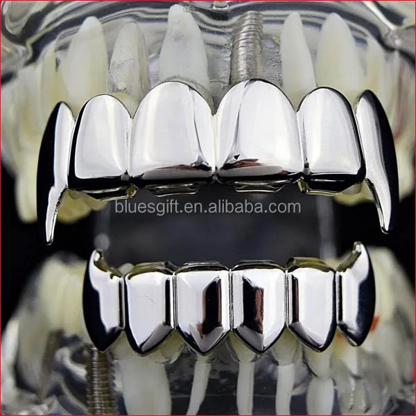 

Blues RTS Silver Plated Full Fang Grillz Set Fak e Braces, Silver, gold, hematite, rose gold