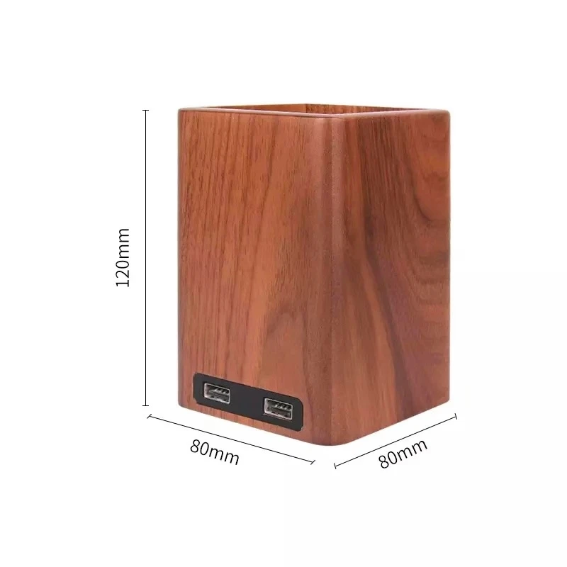 Custom High Quality Creative Walnut Wood Brush Pot Stationery Storage USB Charge Pen Holder