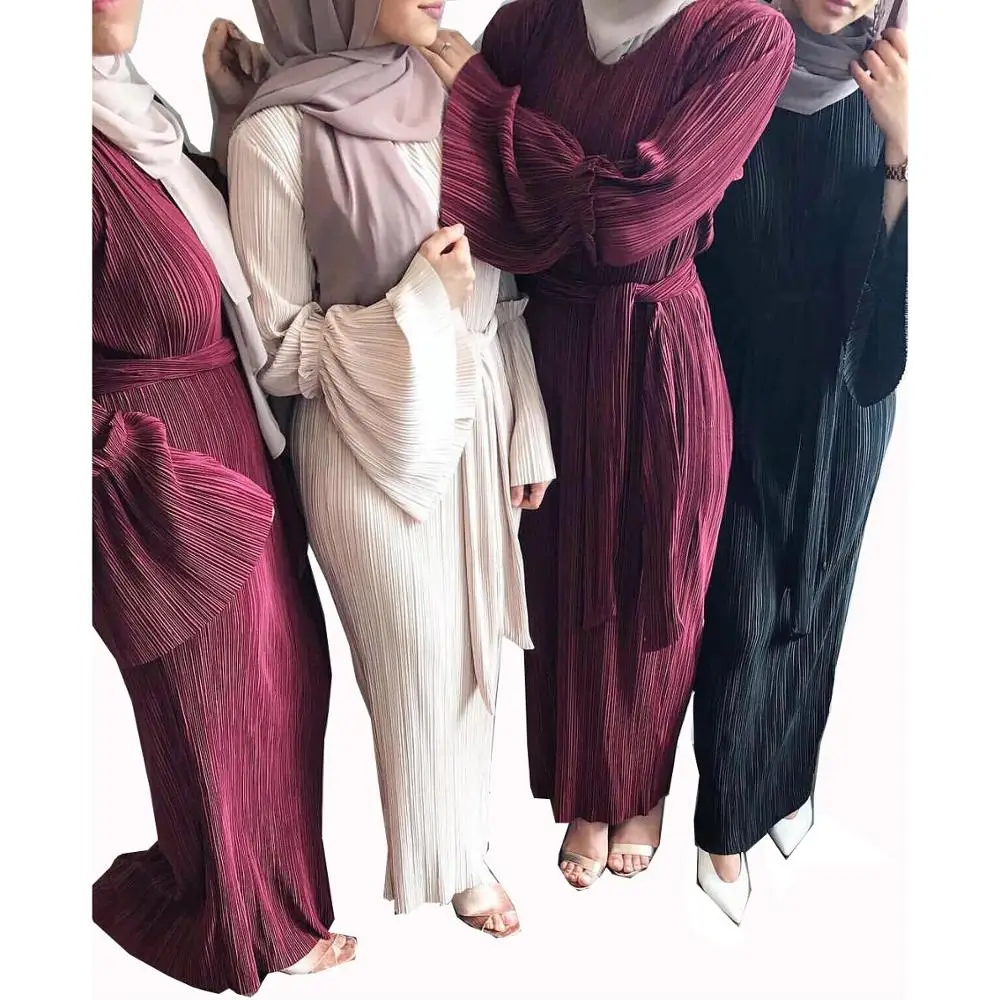 

2018 hot sale colorful pleated abaya horn sleeve muslim summer dress, Black;beige;wine red;purple;coffee