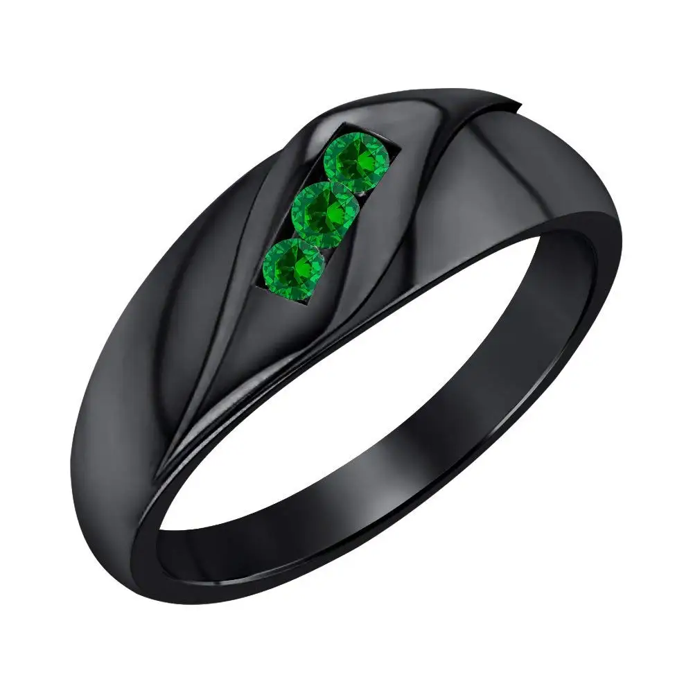SVC-JEWELS 14K Black Gold Plated 1.65ctw Round Cut Created Garnet Mens Wedding Three Stone Anniversary Band Ring