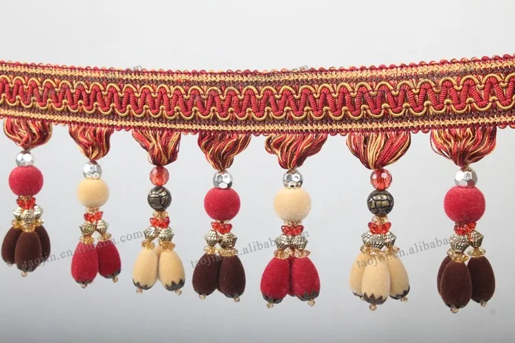 Red Color Beaded Curtain Fringe Trim,Window Valances Beaded Fringe