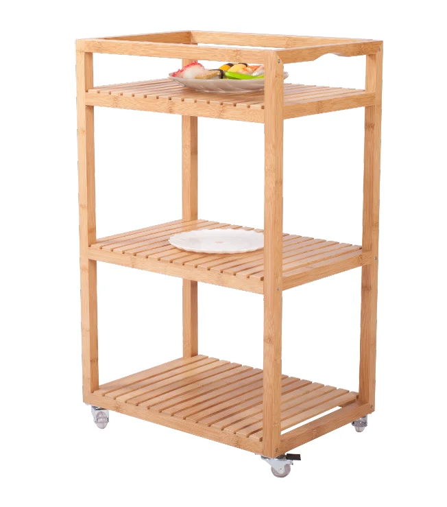 Bamboo Allpurpose 3 Tier Rolling Cart With Removable Hooks And