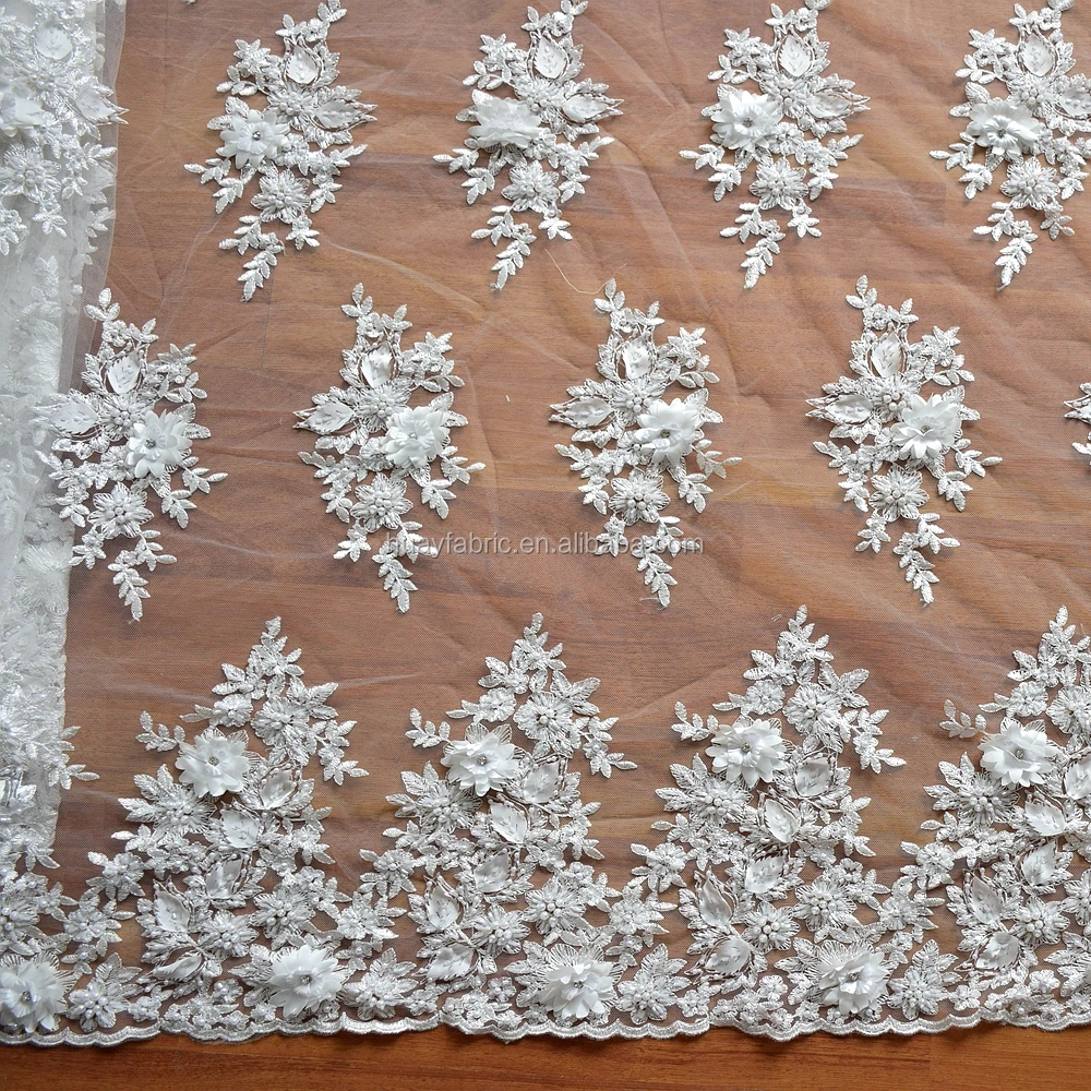 

Pure Handmade 3d flower lace fabric with stones and pearls for wedding dress french net bridal lace HY0676-1