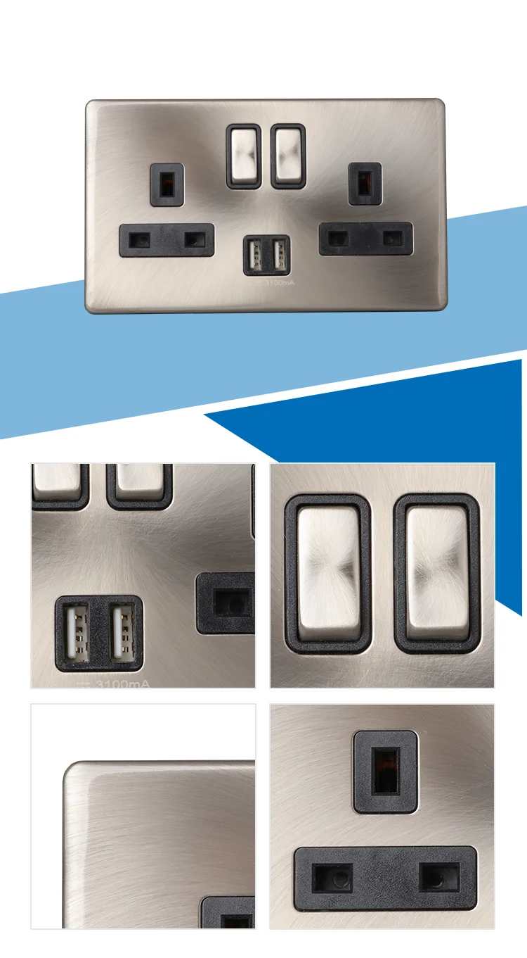 Hailar UK wall socket screwless satin chrome 13A 2 gang switched power socket with USB port