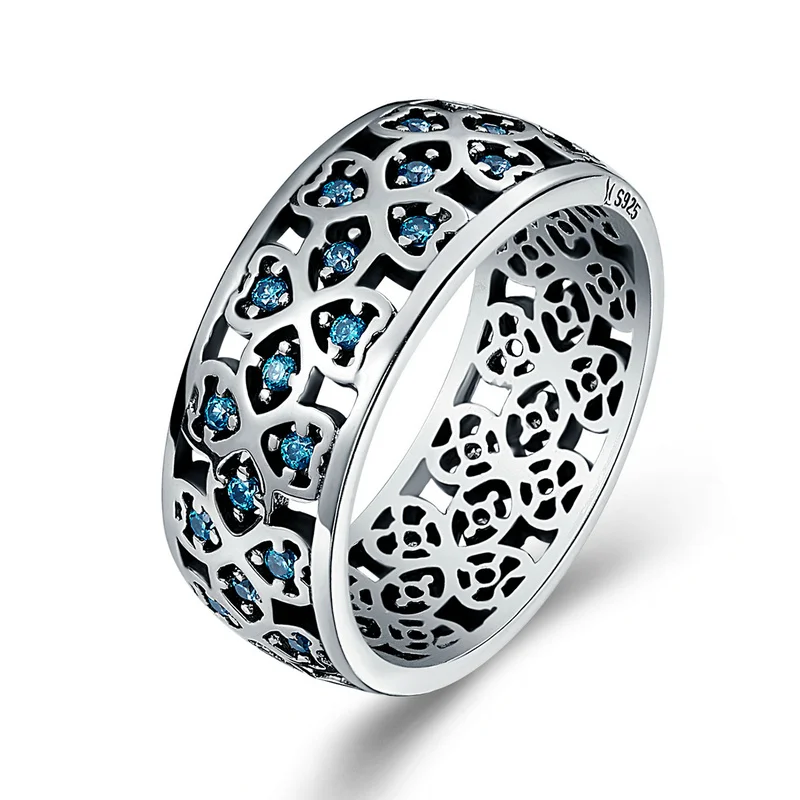 

925 Sterling Silver Designed Love Clover Blue Zircon Love Ring for Women