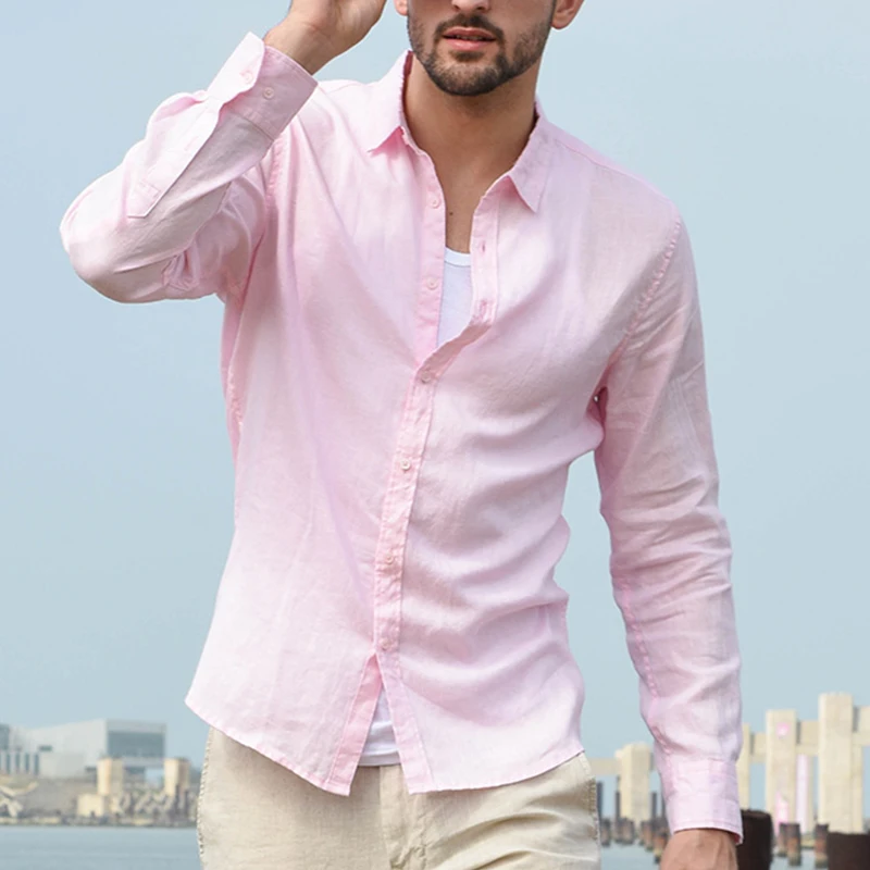 Wholesale Men's Slim Fit Rolled Sleeve 100% Linen Dress Shirt