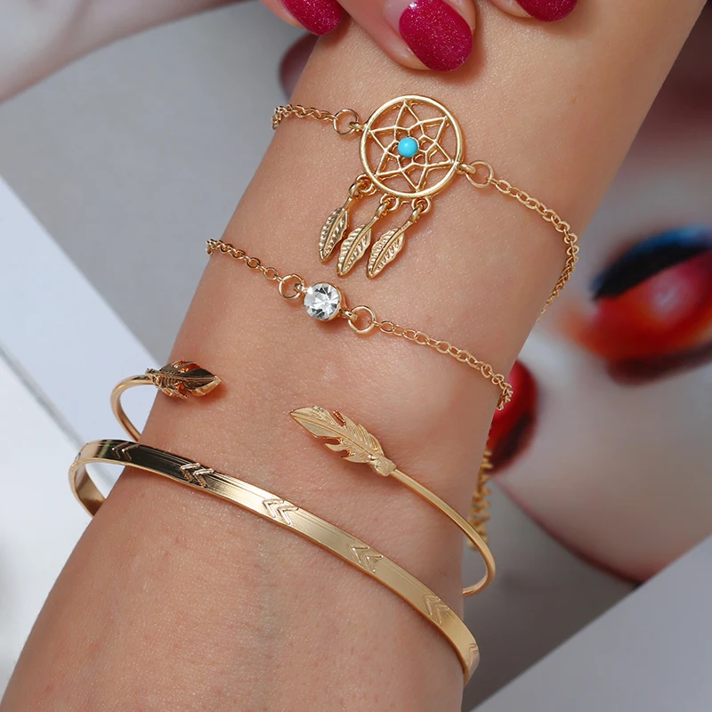 

Women Fashion Multilayer Gold Plated Bracelets Adjust Bohemian Bracelet Dreamcatcher Pendant Party Jewelry