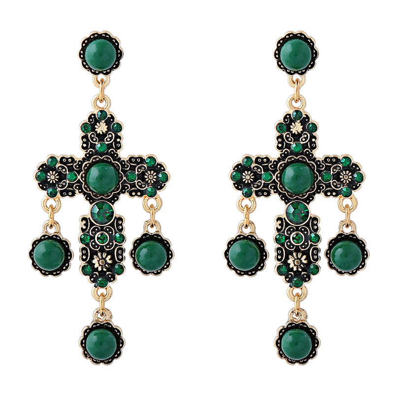 

Elegant green/white pearl long cross hanging earrings, As picture