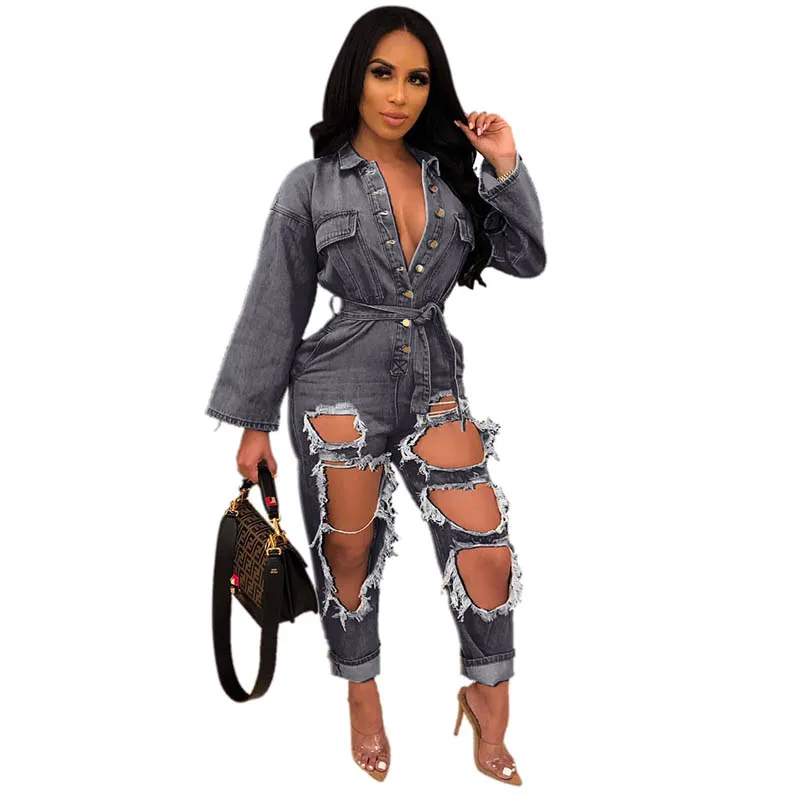 

China Wholesale New Style Popular Long Sleeve Distressed Denim Overall Jumpsuit