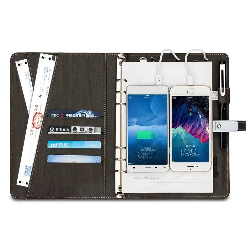 New design PU leather loose-leaf portable travel mobile power notebook