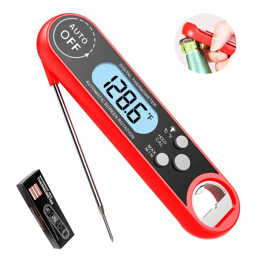 

Newest totally waterproof meat thermometer with backlight auto-rorating display and bottle opener