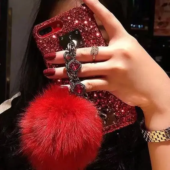 

Luxury Bling Bling Rhinestone Diamond Phone Case With Fur Ball And Hand Strap For iPhone XSmax,for samsung S10p,for huawei P30