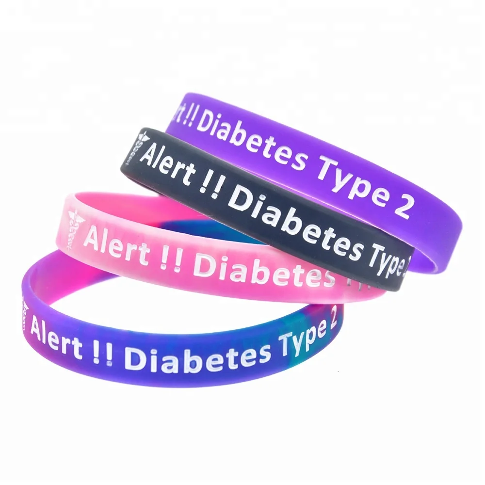 

50pcs/Lot New Color Diabetes Type 2 Medical Alert Silicone Wristband Debossed Logo Rubber Bracelet, Multicolors