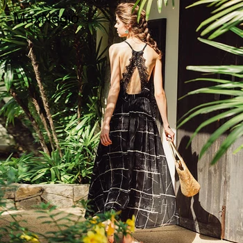 Maxnegio Black Chiffon Backless Ladies Dress Maxi Long Latest