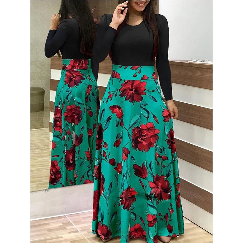 

Wholesale Print Dress Women Floral Long Sleeve Long Dress Stitching Women Dresses, As pic