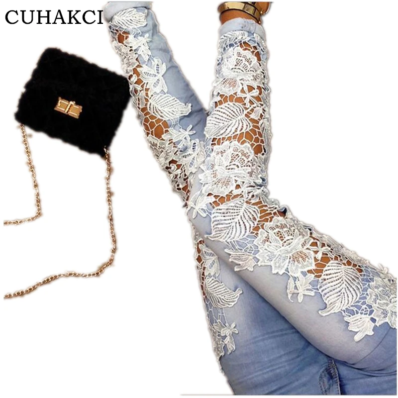 

CUHAKCI High Quality Women's Retro High Waist Lace Flower Hollow Crochet Party Denim Jeans Plus Size