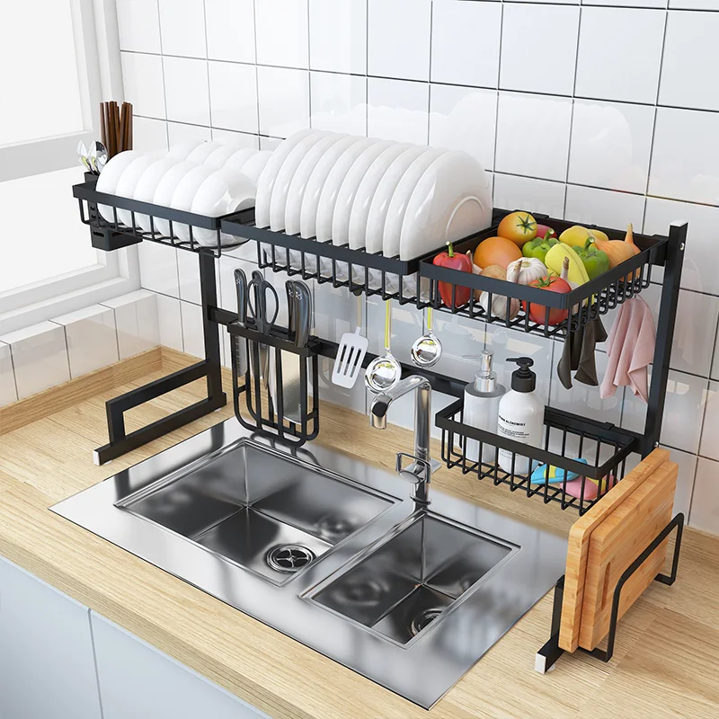 

Black Metal Kitchen Space Save Over Sink Dish Drying Rack, Silver