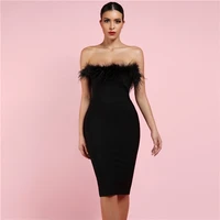 

New Arrival Feathers Embellished Mini Black Sexy Strapless Bodycon Bandage Dress Celebrity Dresses