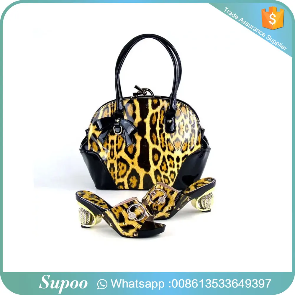 

With handle leopard print pattern shoes and bag girls high heel sandals party wear high heels, 2 colors available
