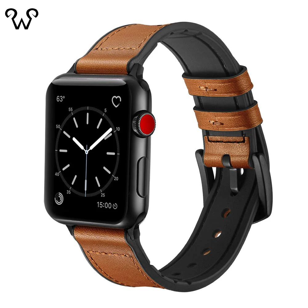 

2019 genuine leather combine soft silicon and rubber watch band for apple watch sport band 42mm 38mm, Brown,black etc