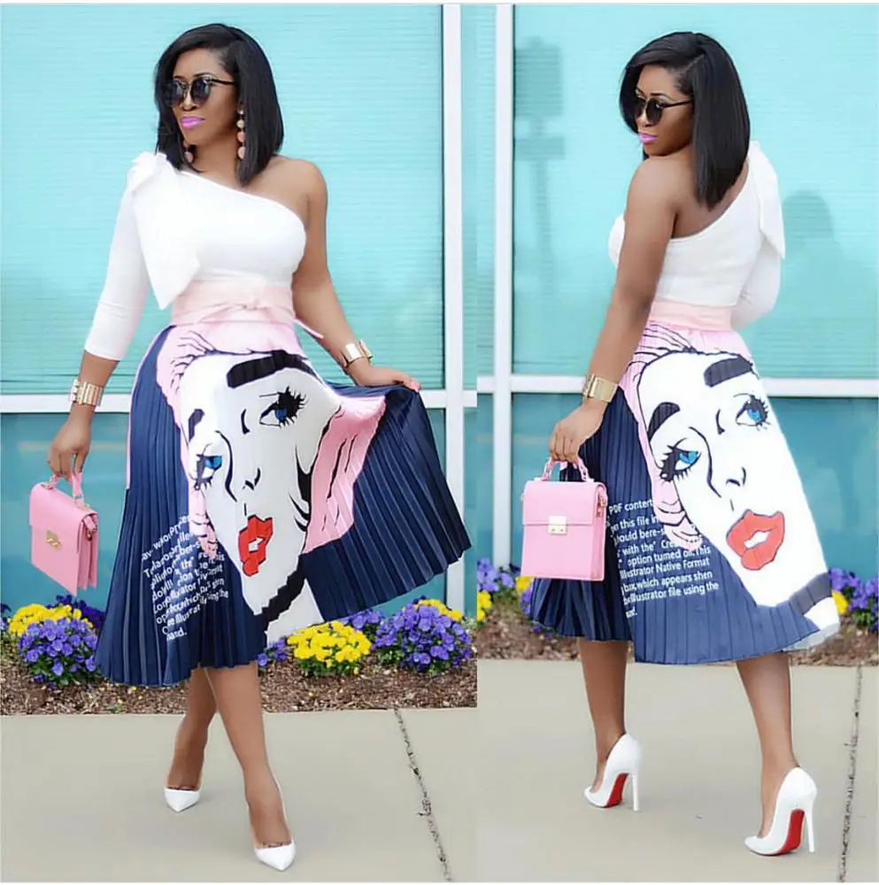 

XL1295 Instagram fashion trendy women clothing hot big face printed chiffon pleated maxi long skirt