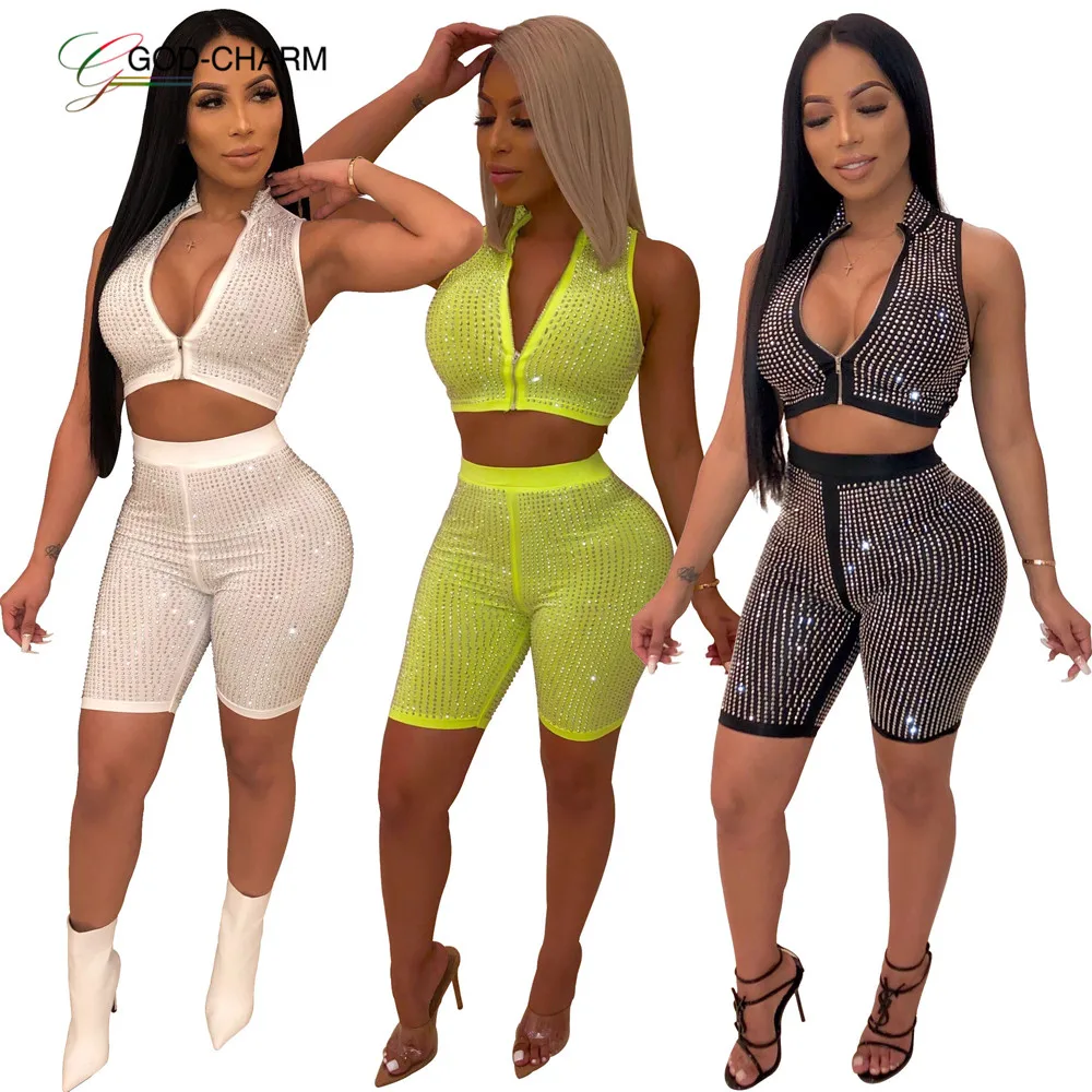 

GC-86962116 rhinestone sleeveless short jacket and high waist hot shorts two piece set fashion women clothing sexy club wear, As photo showed