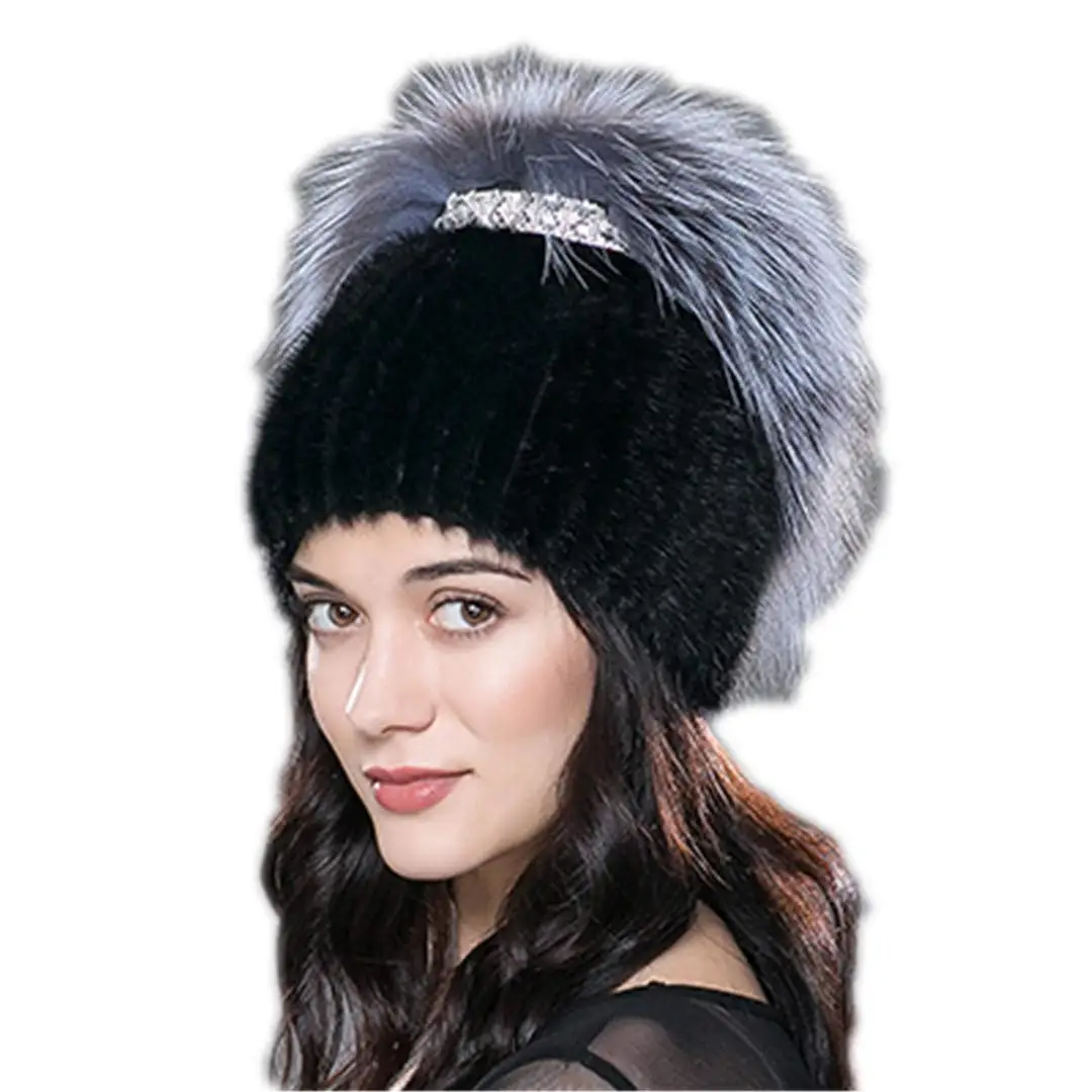 Women's Winter Mink Fur Hat Real Knit Water Jacket Silver Fox Fur Hat Female Warm Hat Fur Hat